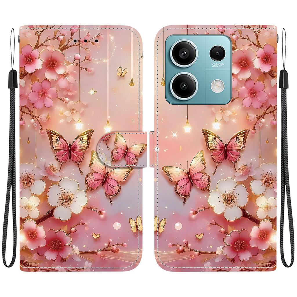 Handmade PU Leather Flip Case for Xiaomi Redmi Note 13 (5G) Anti-Slip Shockproof Cover with Wrist Strap & Heart/Rose Cat Designs