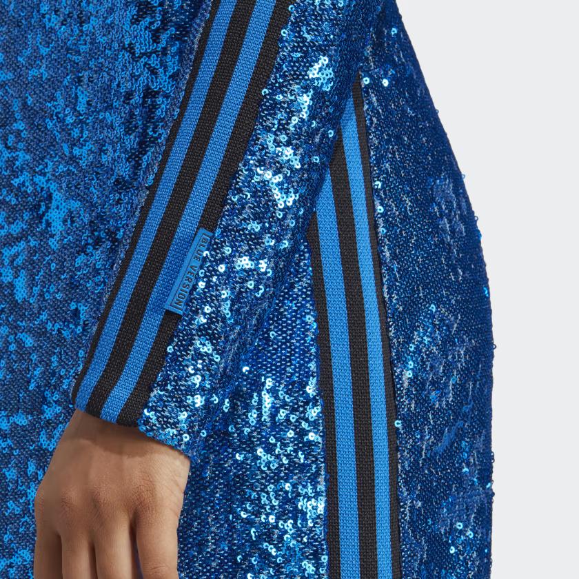 Adidas Originals Blue Version Series Sequin Trim Irregular Hem High Neck Long Sleeve Dress Women Dresses HR3414