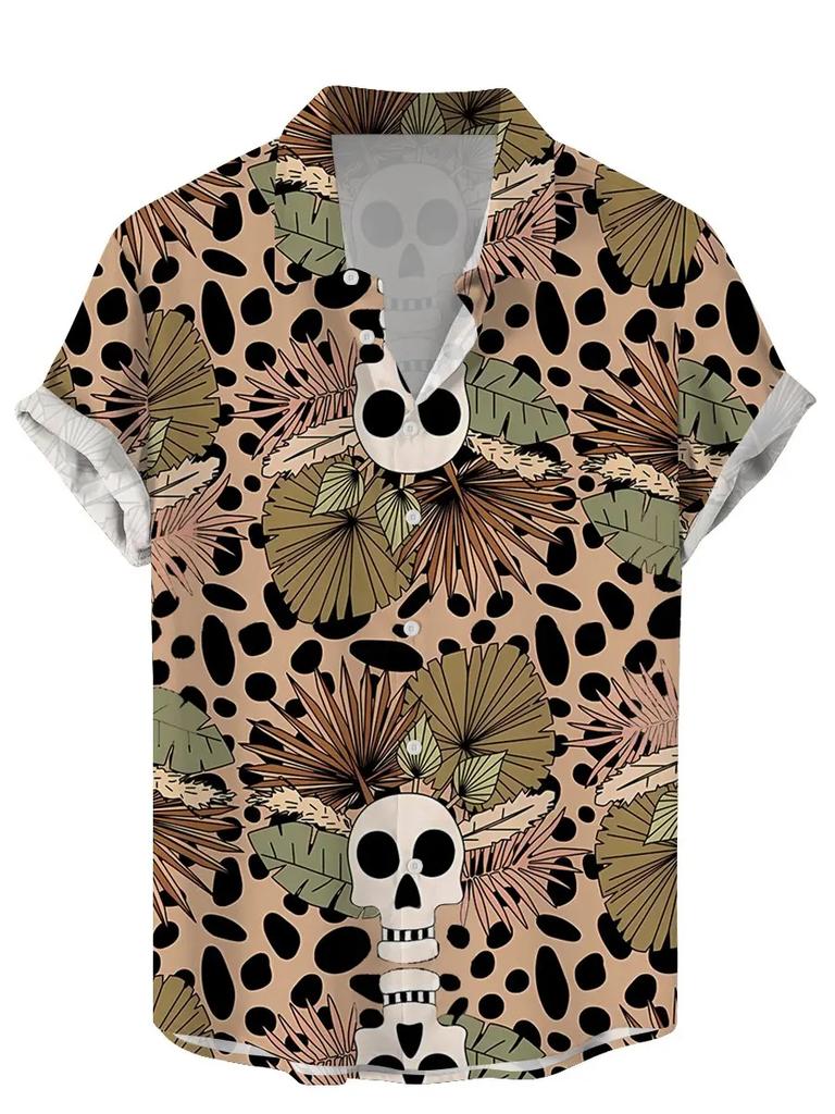 Vintage Men Shirts Funny Skull Flowers Printing Streetwear Short Sleeve Shirts Summer Hawaii Shirt Print Lapels Shirts for Men