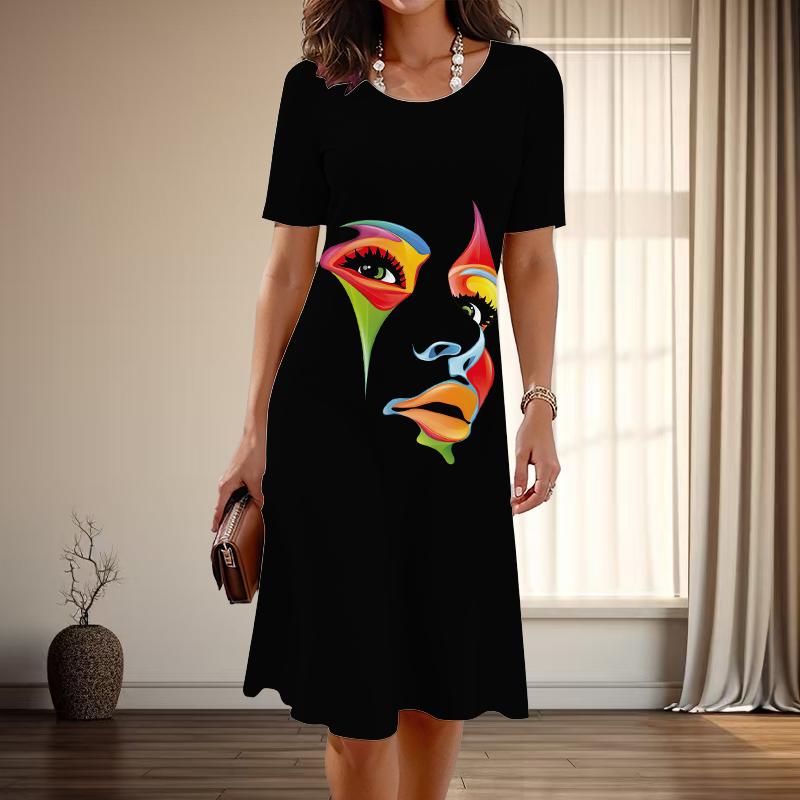 Women's Fashion Graceful  Abstract Graffiti Print Summer Spring Short Sleeve O-Neck Casual Dresses