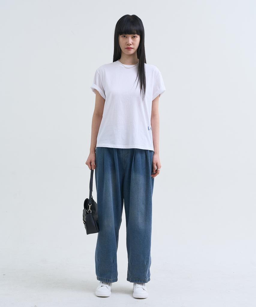 Yuseuteule Waist Embroidered Short Sleeve T-Shirt (White)