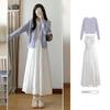 Französischer Teepause Frühling Strick Cardigan & Weißes Weste Langes Kleid Set für Damen - Altersreduzierendes Sommer Zweiteiliges Outfit