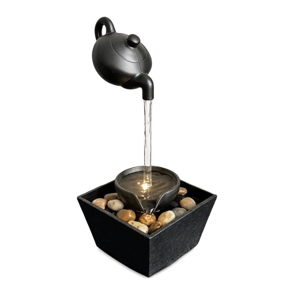 LED Light Floating Teapot Fountain Pebble Base Endless Water Flow Indoor Relaxation Fountain Resin Material Small Size