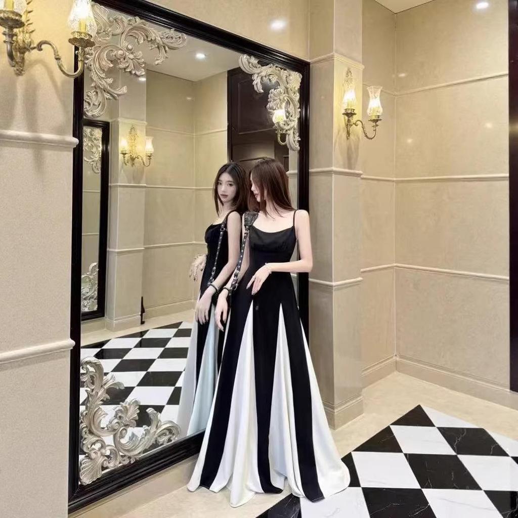 Women's Summer French Patchwork Color Block Spaghetti Strap Waist-Cinching A-Line Floor-Length Dress