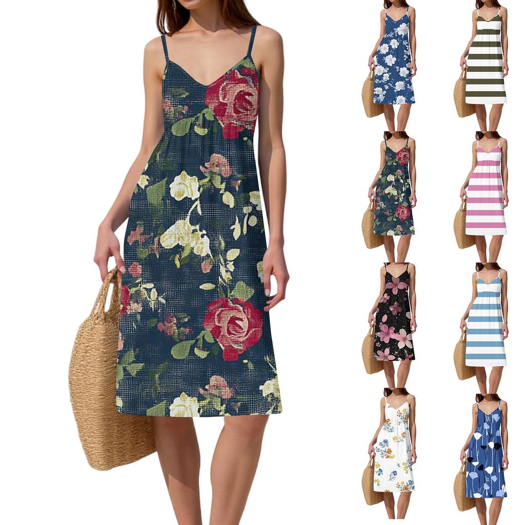 Women's Spaghetti Strap Backless Bow Loose Casual Beach Holiday Dress Sundress