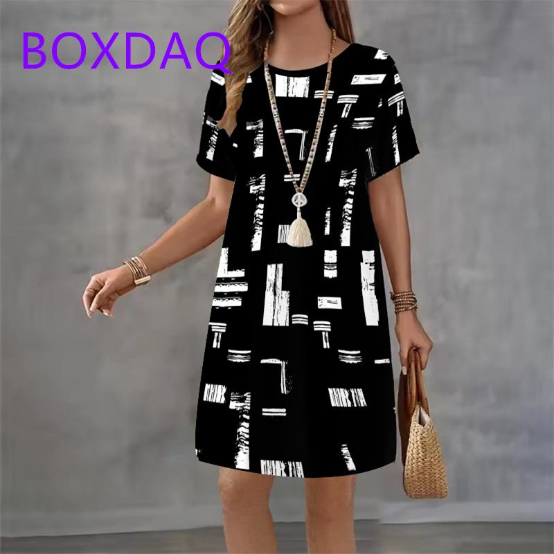 Geometric Stripe Printing Dress For Women Summer Sundress Loose Casual Short Sleeve O-Neck A-Line Dress Women Beach