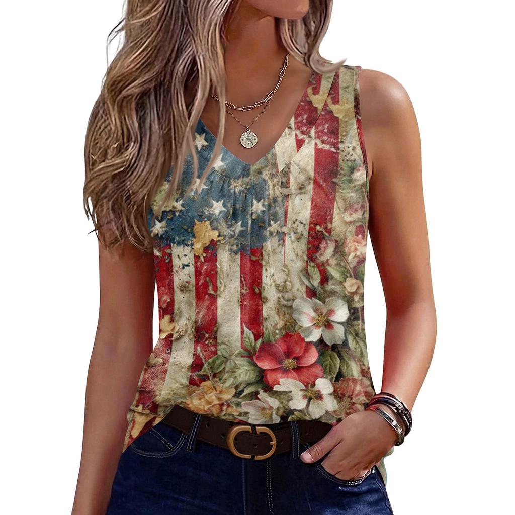 V-Neck Tank Top Women Print Tank Tee Casual Loose Fit Sleeveless Shirt