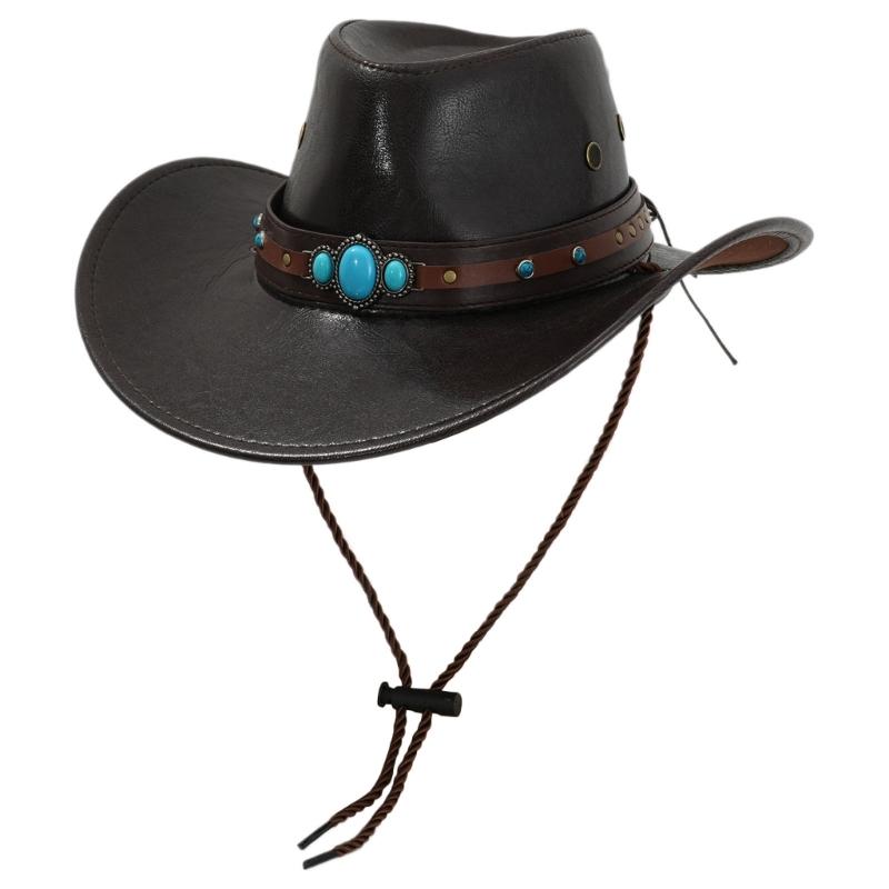 PU Leather Hat Unisex Western Hat Wide Border Hat Sun Protecting Hats Hiking for Western Themed Celebrations