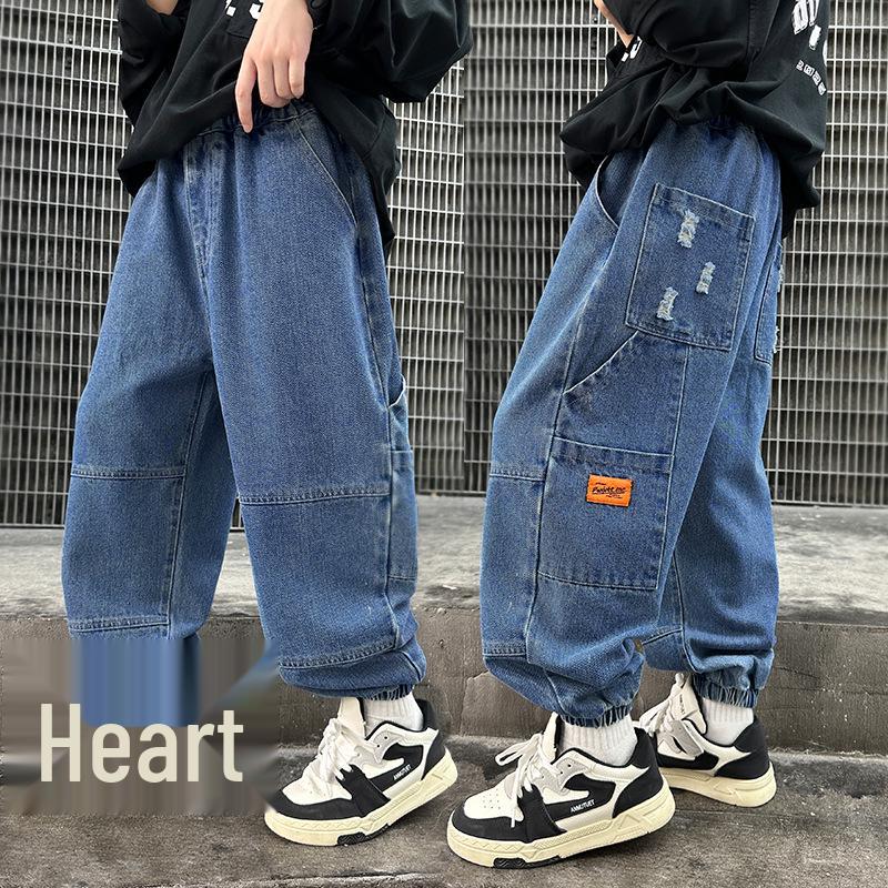 

Джинсы с широкими штанинами и рваными деталями для мальчиков, осень 2025 - Модная детская одежда 170 cm синий