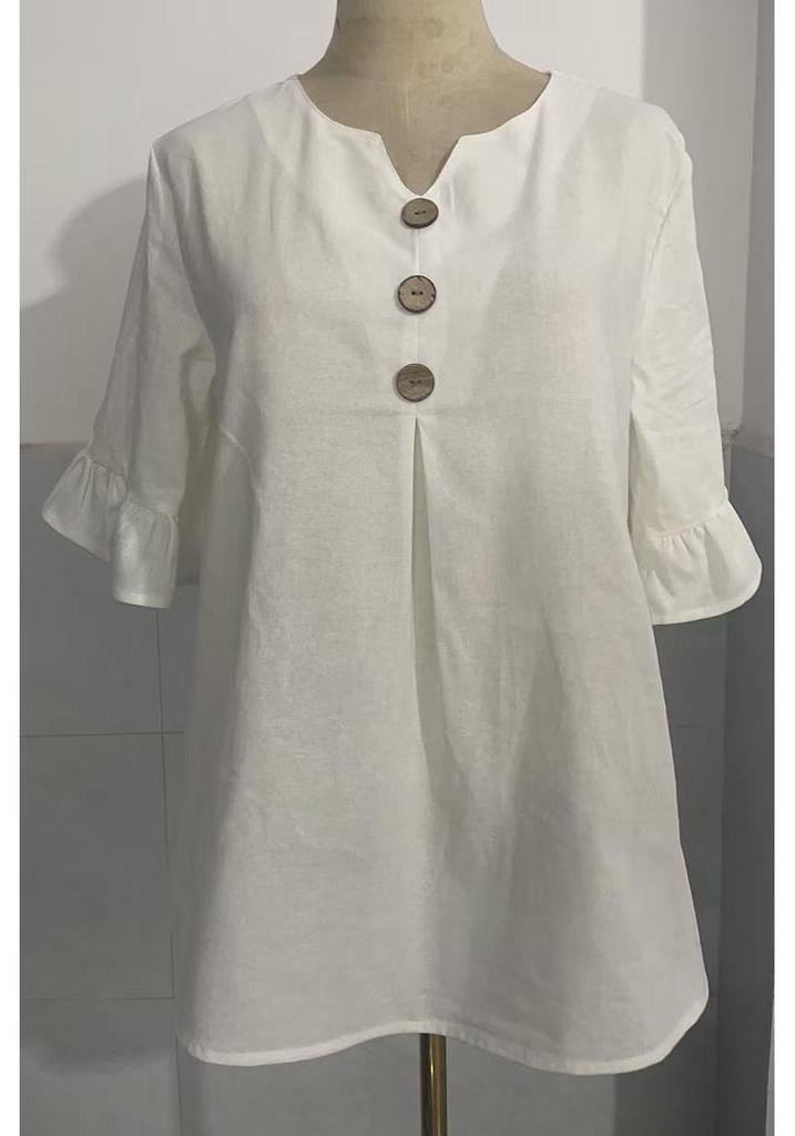 2026 Summer European & American Women's V-neck Cotton Linen Fashion Shirt