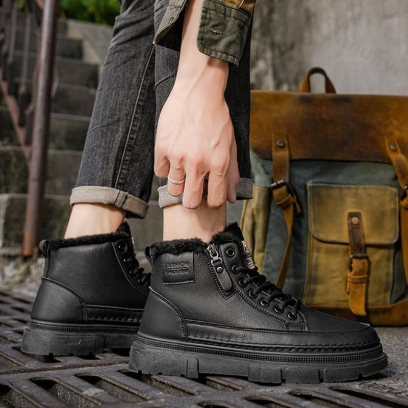 Winter Plush Thicken Men Cotton Shoes Non Slip Comfortable Warm Leather Shoes Fashion Lace Up Zipper Height Increase Short Boots