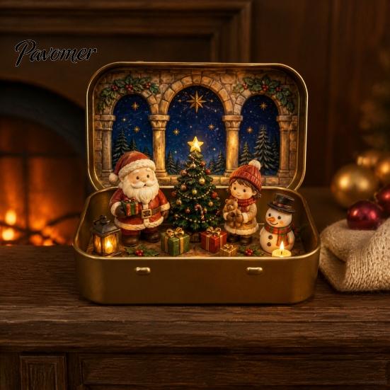 Micro Paesaggio Natalizio da Tavolo Mini Set in Scatola di Latta, Scena Festiva Formato Tascabile Scatola Presepio Portatile con Figure in Miniatura, da Collezione