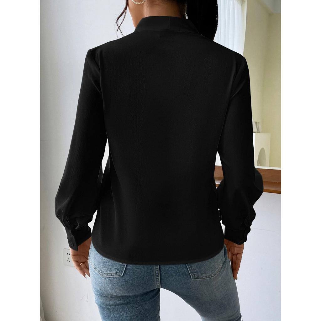 GMXIA Spring and Winter Long Sleeve Shirt Design Sense V-neck Solid Color Loose Top Autumn Shirt