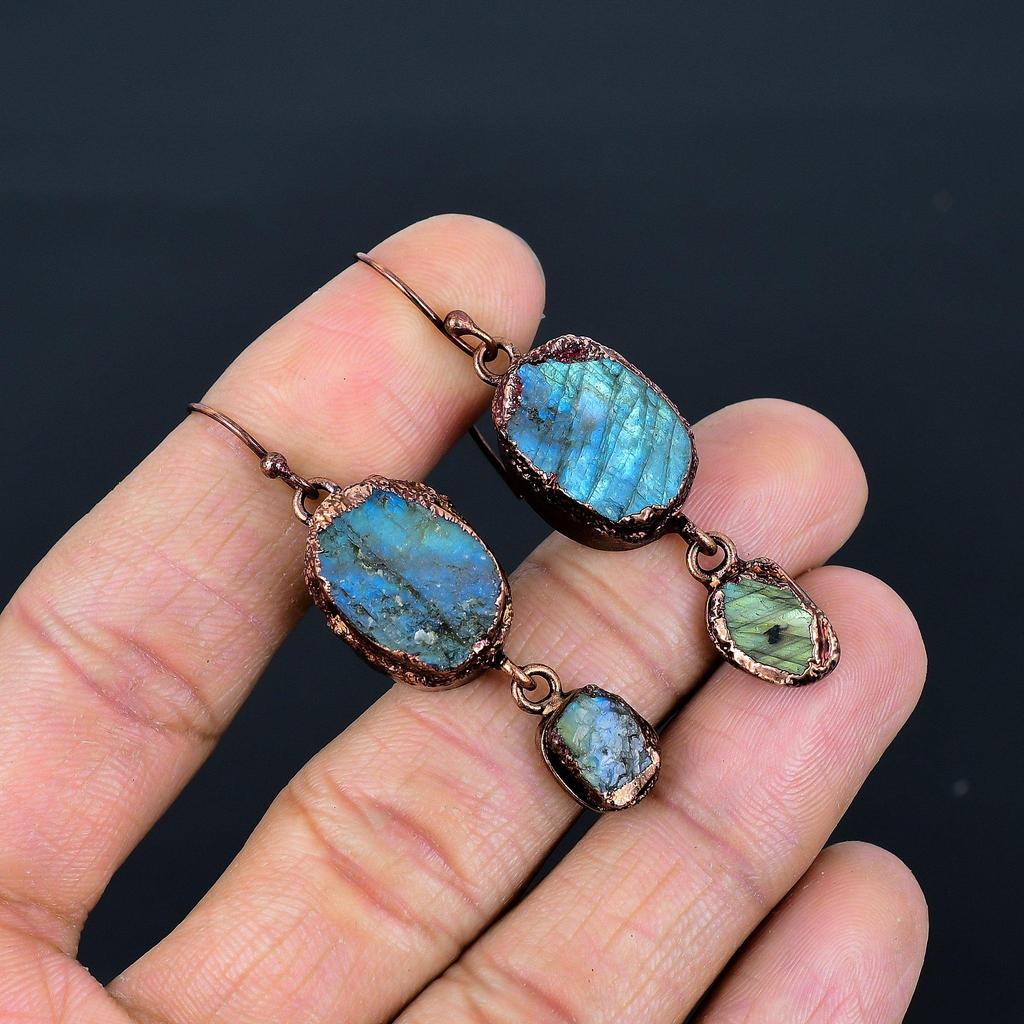 Labradorite Copper Electroformed Earrings, Handmade Gemstone Earrings Jewelry, Gifts For Wife Brand New Earrings