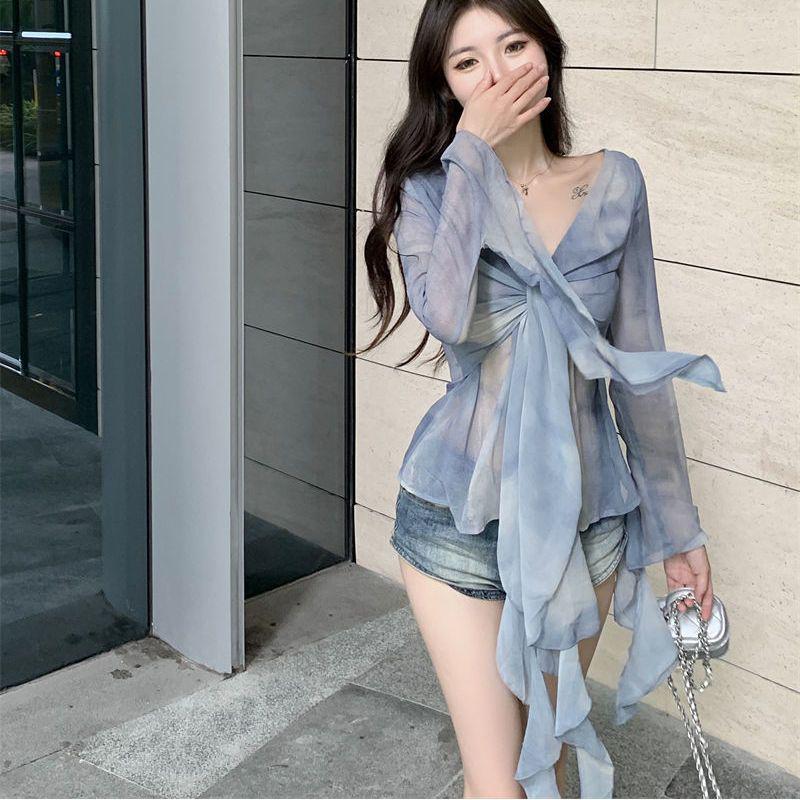 2026 Autumn/Winter Elegant Tie-Dye Knot Ruffle Lace-Up Women s Top S (recommended for 40-45 kg)