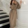 Women's Turtleneck Sweater Midi Dress Button High Neck Long Sleeve Dress Fall Ribbed Knit Long Dress with Belt
