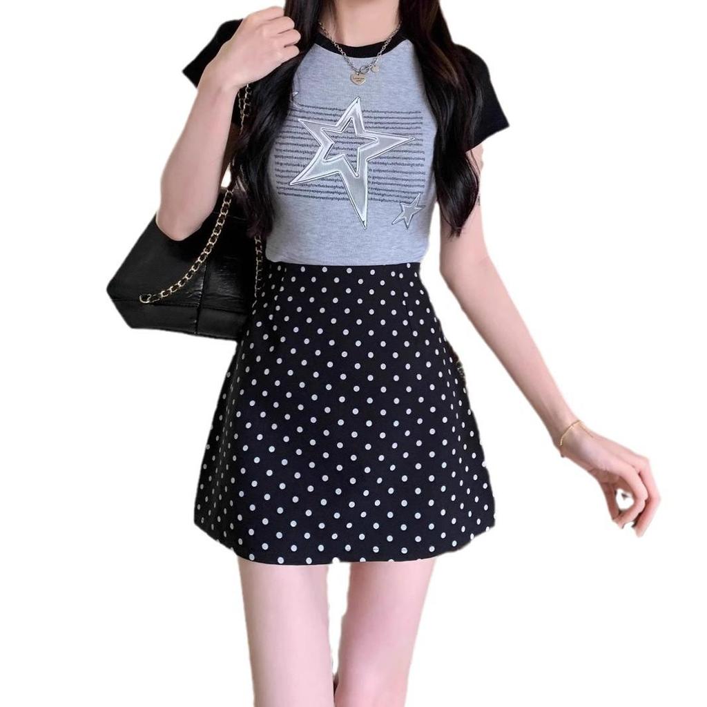 Women's Black Bodycon Skirt: White Polka Dot, High Waist, A-line, Summer Casual Versatile Short Skirt
