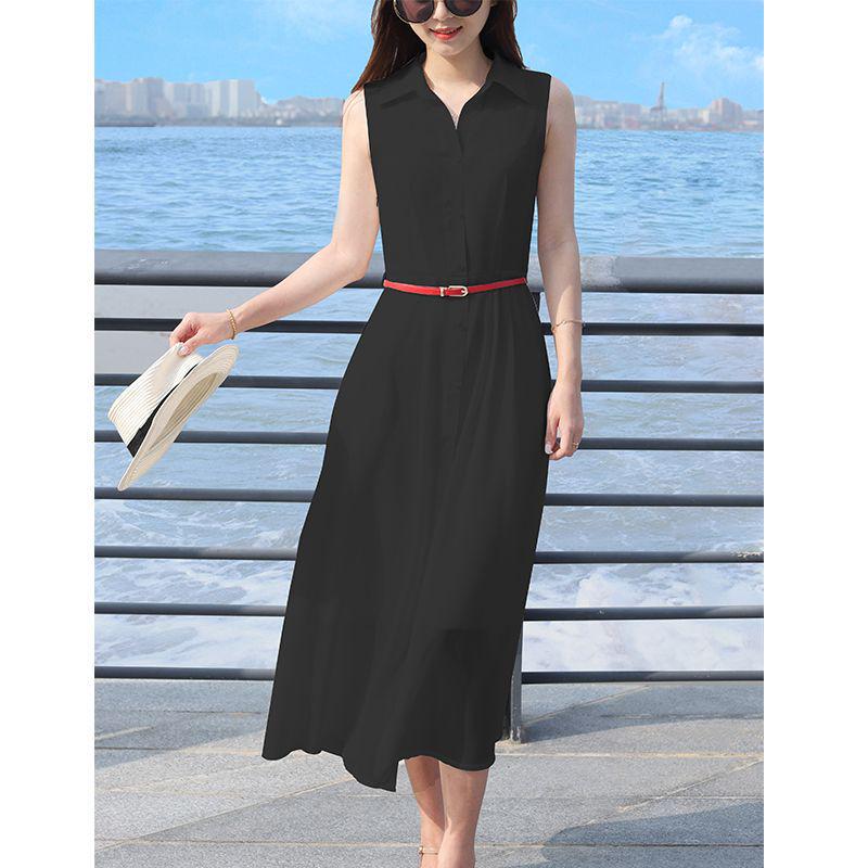 Solid Color Sleeveless Chiffon Dress with Shirt Collar - Slimming and Stylish Fairy Design for the Holidays