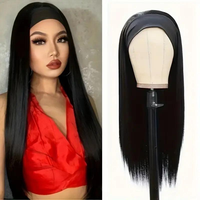 Meier Women's headscarf wig black ice silk headband long straight hair wig headwear