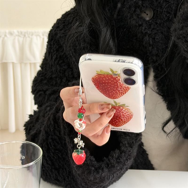 Ins Style Simple White Background Strawberry Phone Case for iPhone 17, 16 Pro Max, 15, 14 with Girlish Heart Design