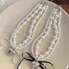 Baroque Style Light Luxury Double Layer Pearl Necklace Metal Heart Bow Ribbon Choker Collarbone Chain for Women