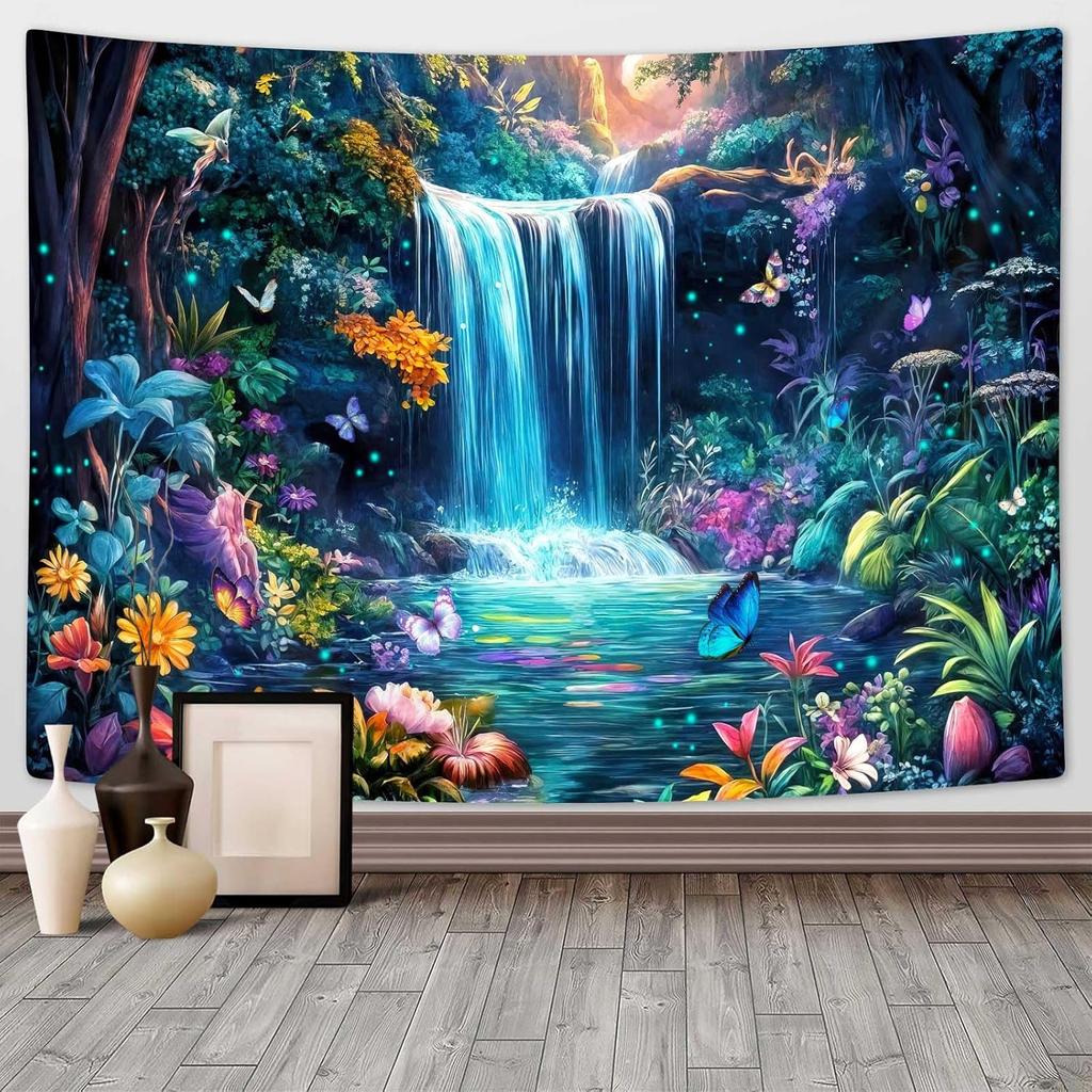 Fantasy Forest Tree Butterfly Wall Hanging Fairy Magical Enchanted Jungle Waterfall Mushroom Tapestry for Bedroom Living Room
