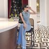 American High-end Denim Suit Autumn New Lapel Sleeveless Vest Top Casual Wide-leg Pants Women's Two-piece Set