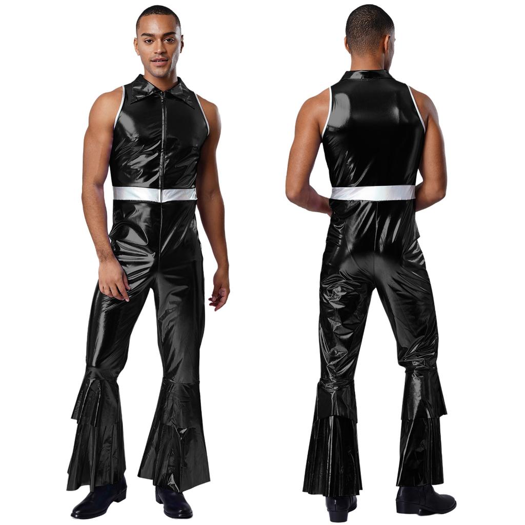 Mens 70s Jumpsuit Shiny Metallic Lapel Collar Sleeveless High Waist Flared Pants Disco Dance Singer Outfit