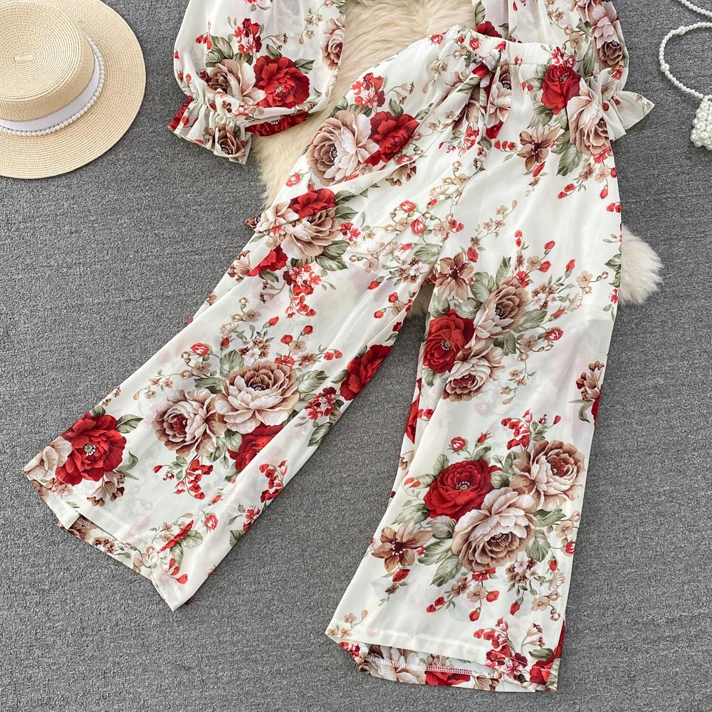 Fashion Set Women's  Long Sleeve Square Neck Slim Fit Chiffon Shirt 2 Two Pieces Suits Sets High Waist Slim Wide L