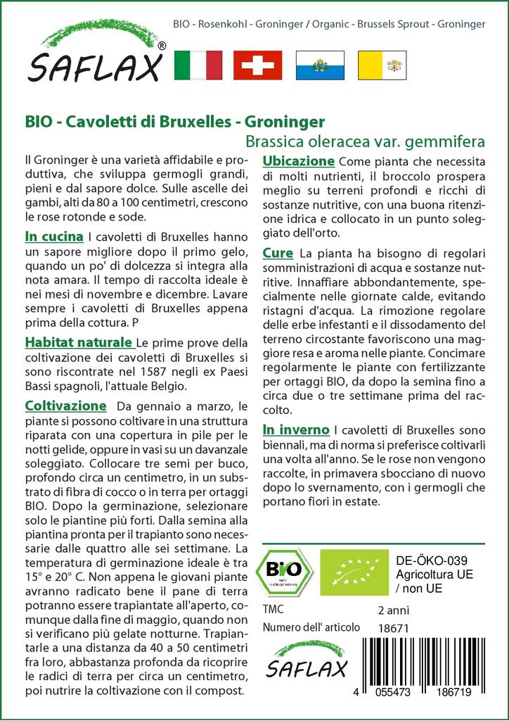 SAFLAX Garden In the Bag - Organic - Brussels Sprout - Groninger - 30 Seeds - With Substrate In a Fitting Stand Up Bag - Brassica Oleracea