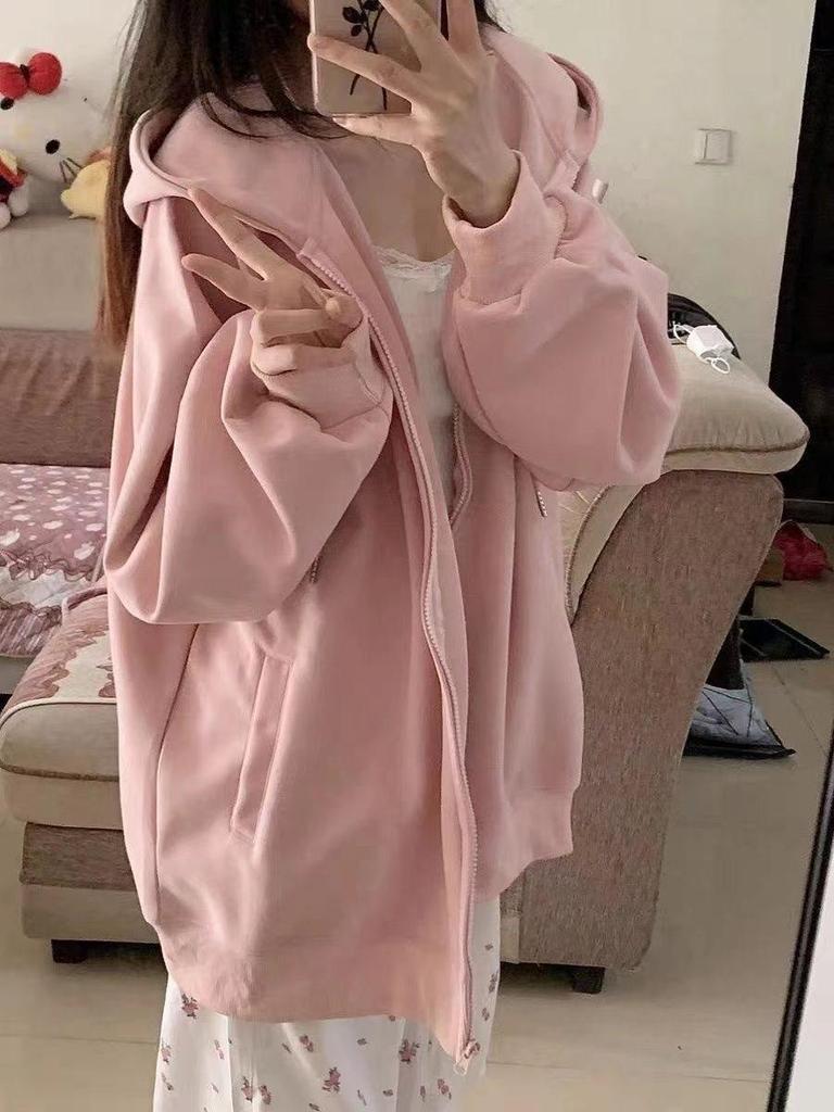 Women's Soft Pink Hooded Zip-Up Cardigan: Japanese Sweet Style, Long Sleeve, Loose Fit, Slimming Top for Spring/Summer