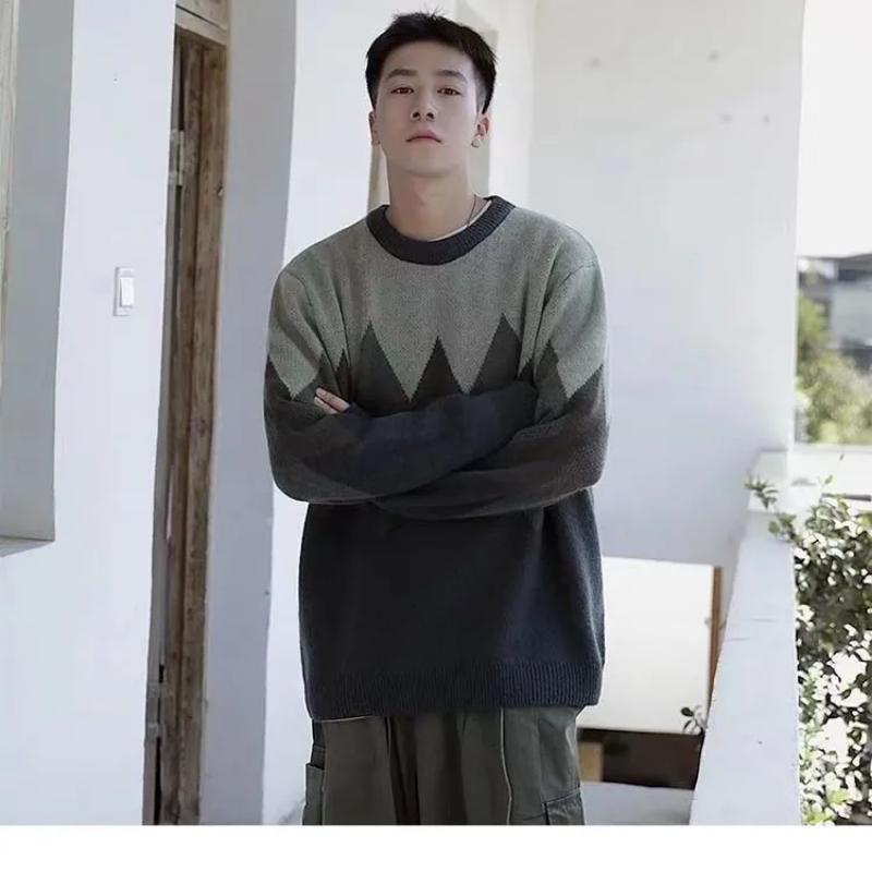Neuer Herren Dick Bedruckter Rundhals Pullover Herbst Winter Lässig Locker Color-Blocking Fauler Stil Oberteil