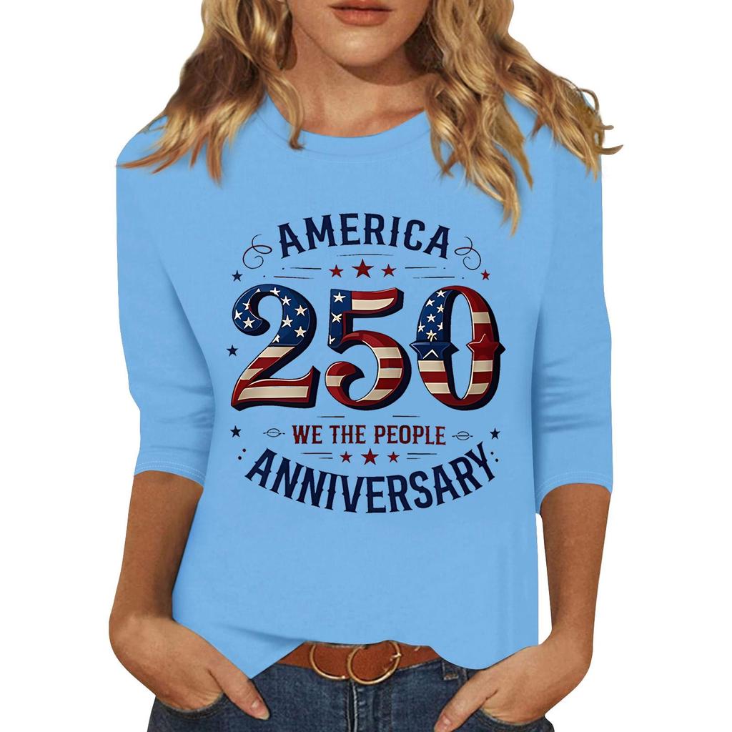 Women's Fashionable Casual Three-Quarter Sleeve 250th Anniversary Independence Day Print Neck Sweater