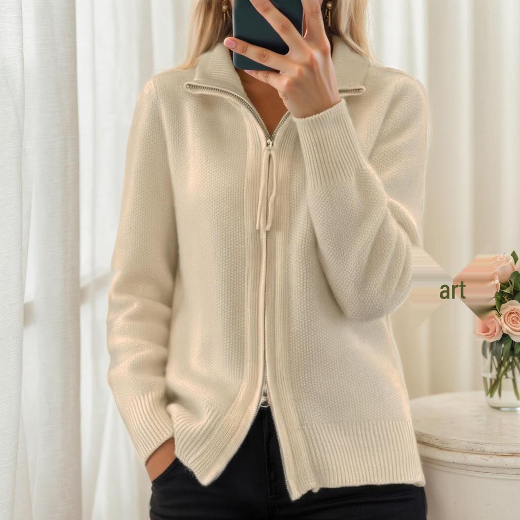 Women's 2025 Autumn/Winter Lapel Long Sleeve Knit Cardigan Sweater Coat with Zipper