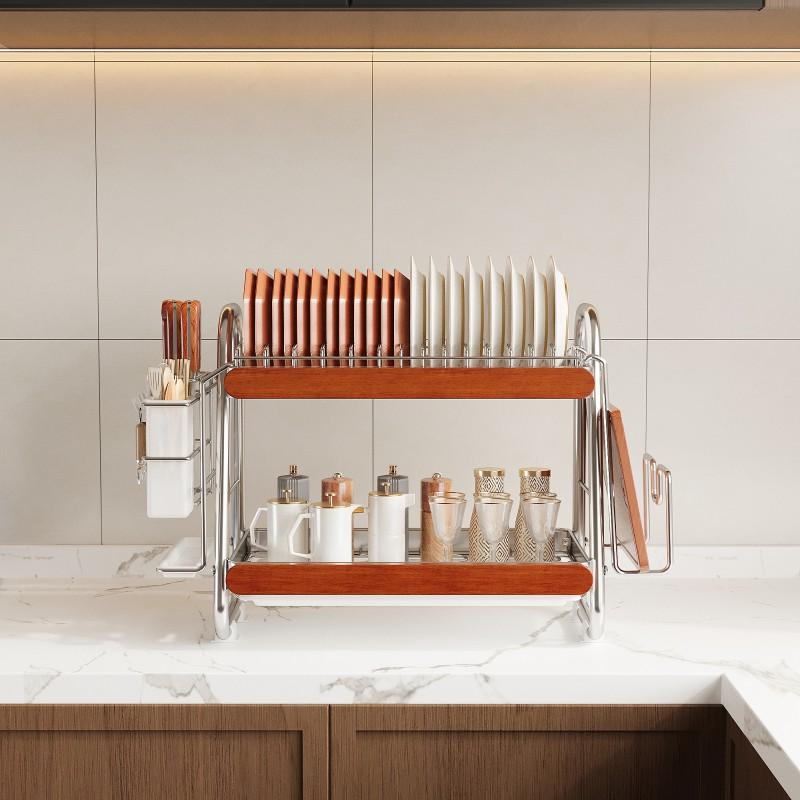 Stainless Steel Kitchen Countertop Rack With Drainage Bowls Plates Chopsticks Modern Minimalist Two Or Three Tier