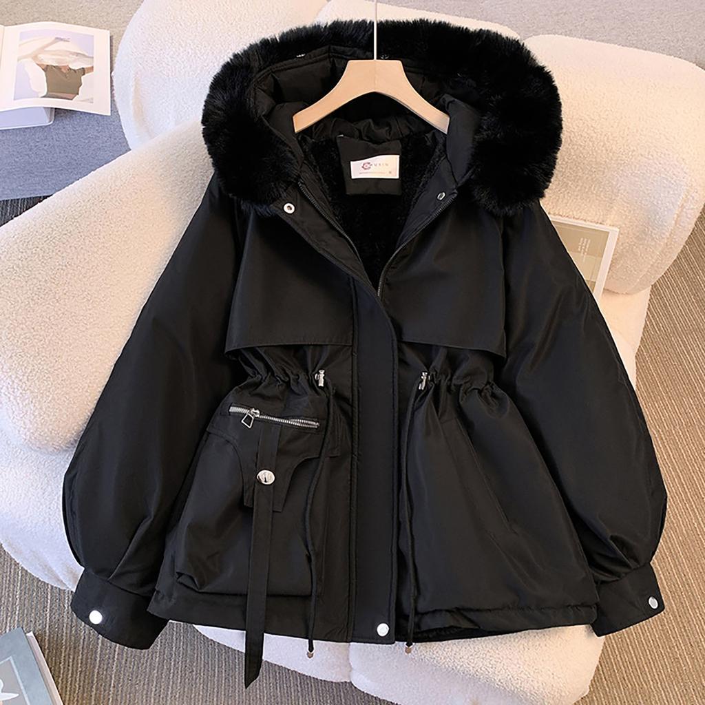 Ladies' Fashionable Casual Solid Color Hooded With Plush Long Sleeved Zipper Button Cotton Jacket