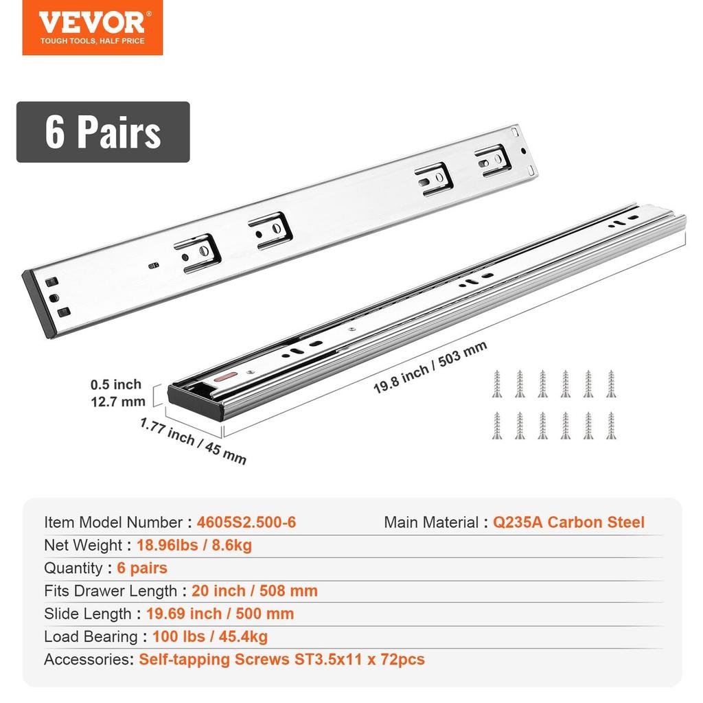 6 Pairs of 508mm Drawer Slides Side Mount Rails, Heavy Duty Full Extension Steel Track, Soft-Close Noiseless Guide Glides Cabinet Kitchen Runners with