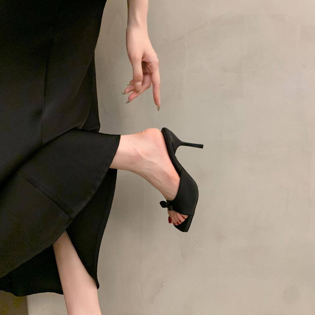 Temperament black bow high heels women's summer new versatile thin heel women's cool slippers