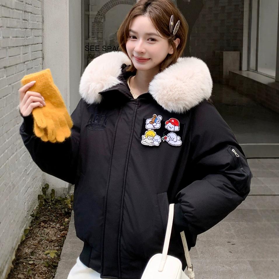 Winter cartoon patch cotton clothes women's hooded big fur collar short thin warm jacket