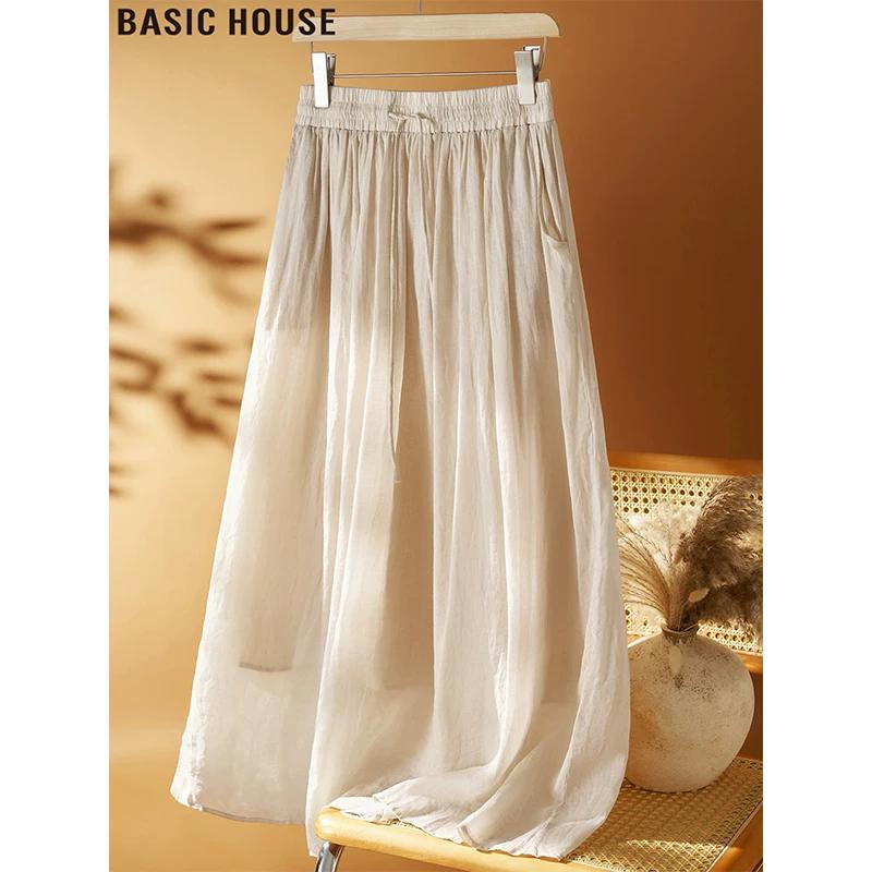 Basic House Women s 100% Ramie A-Line Midi Skirt One Size