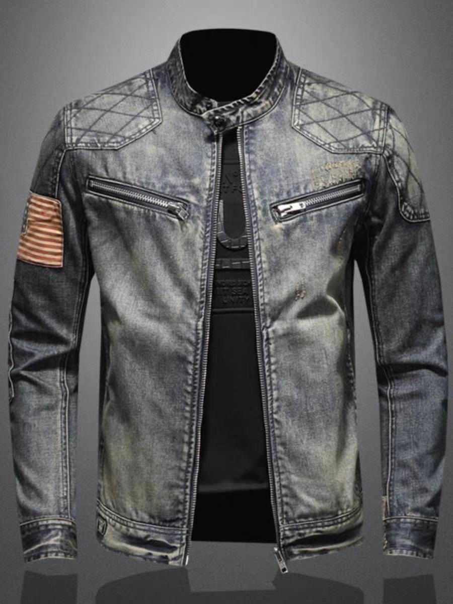 Old top layer denim stand-up collar locomotive clothes men s denim jacket slim men s jacket M синий