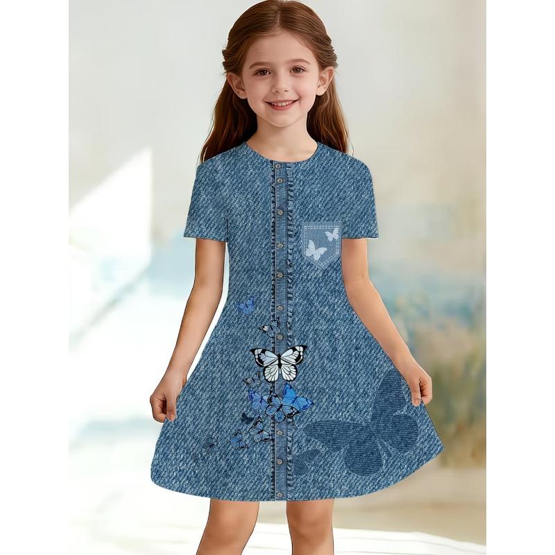 Dress for Girls Fashion Cowboy Print Fake Two-Piece Set Short Sleeve Summer Dresses Casual Round Neck A-Line Dress Girl Clothes