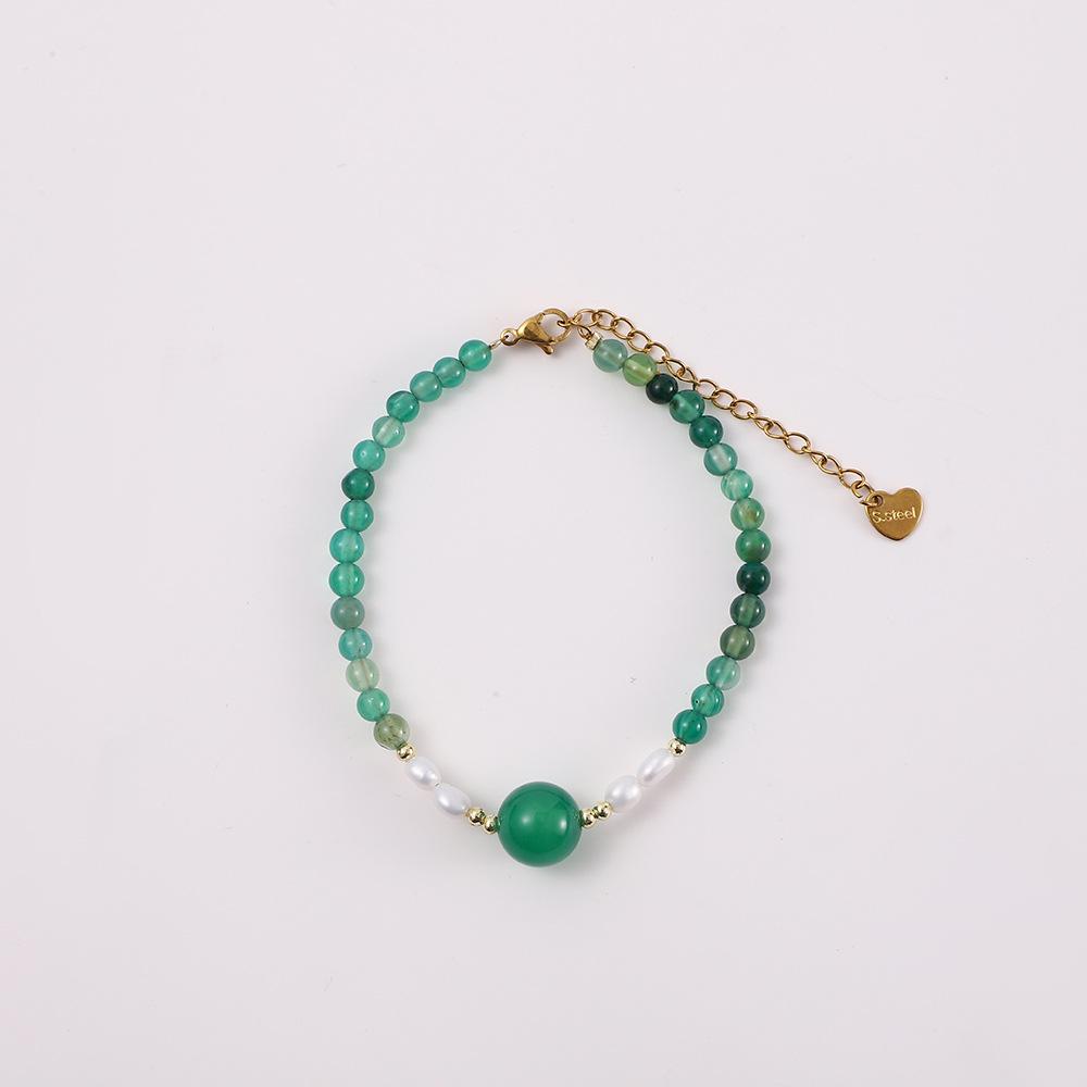 Chinese Green Chalcedony & Pearl Necklace and Bracelet Set - Artistic Forest Style Accessories