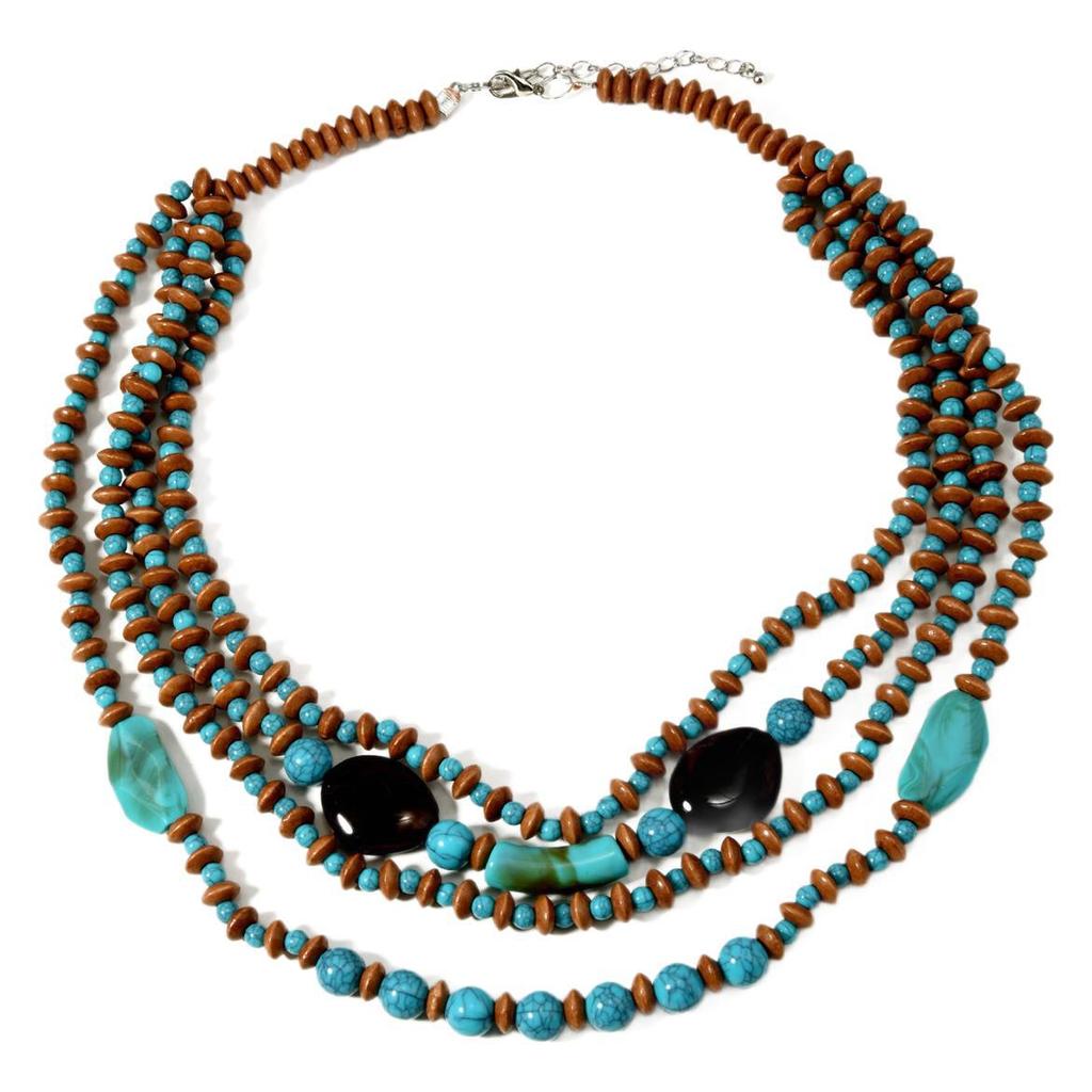 Necklace Bohemian Retro Multi-Layer Imitation Turquoise Handmade Wooden Beads Beaded Long Waterfall Necklace Female