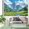 2D plane, 1 piece of mountain scenery background fabric, depicting snow-covered mountains, green valleys, and rural cottages