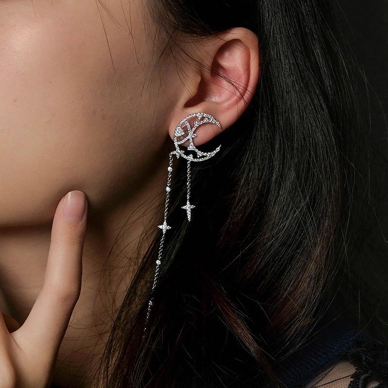 APM Monaco Single Crescent Star Pendant Long Earrings, 925 Silver Full of Diamonds and Zircons, Elegant and Delicate AE12577OX