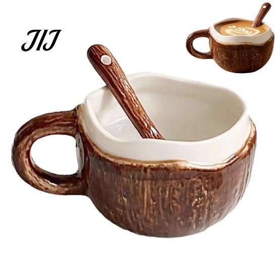 Unique Textured Breakfast Bowl Vintage Coconut Shell Ceramic Mug, Handmade Irregular Coffee Cup with Spoon, Cereal Mug Rustic Texture Oatmeal Tea for
