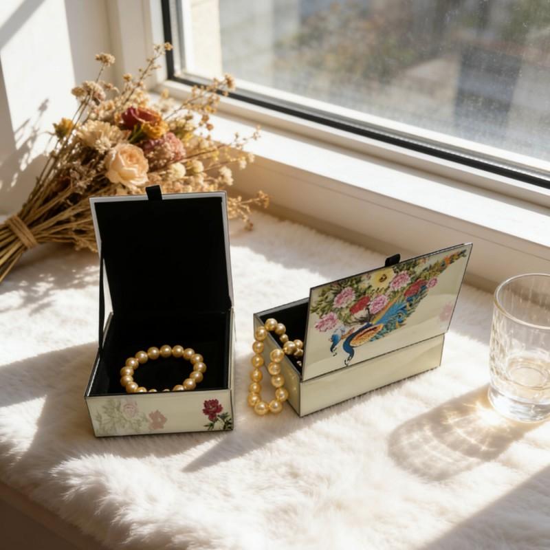 Floral Peacock Jewelry Box Glass Storage Organizer Vintage Style Desktop Decorative Accessory Women