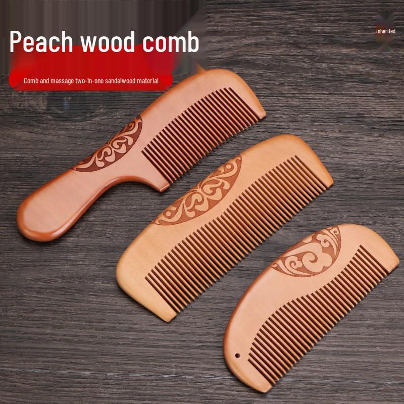 

Boutique Peach Wood Comb - Hand-Carved Sandalwood with Auspicious Clouds Design, Personalized Logo Option.