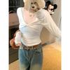 Chic V-Neck Long-Sleeve Lace T-Shirt for Women - Elegant White Base Layer for Autumn/Winter